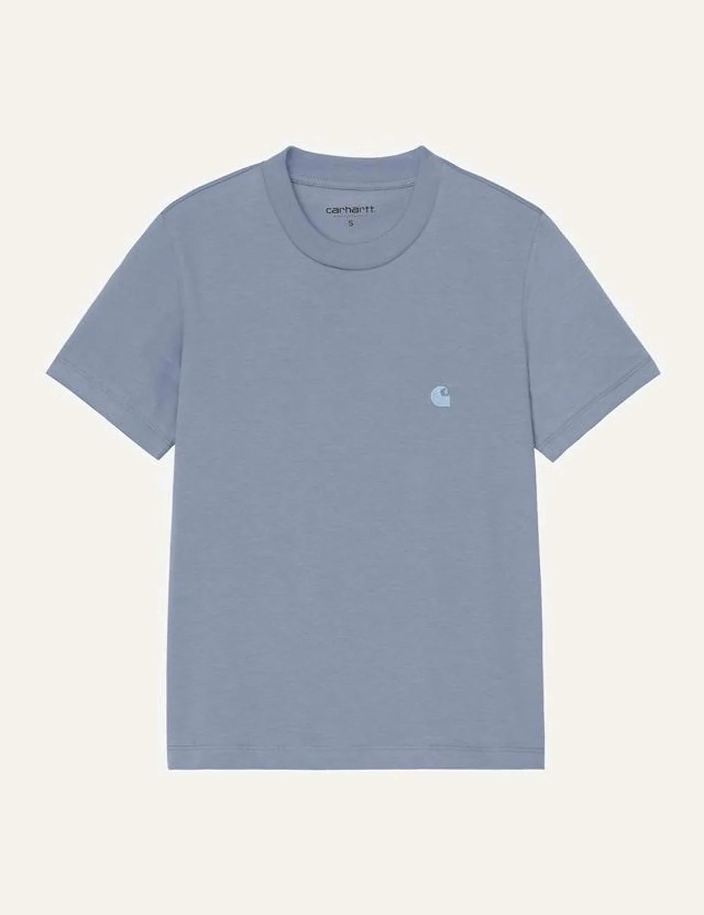 Carhartt WIP light blue t-shirt with round neckline and small chest logo front flat view