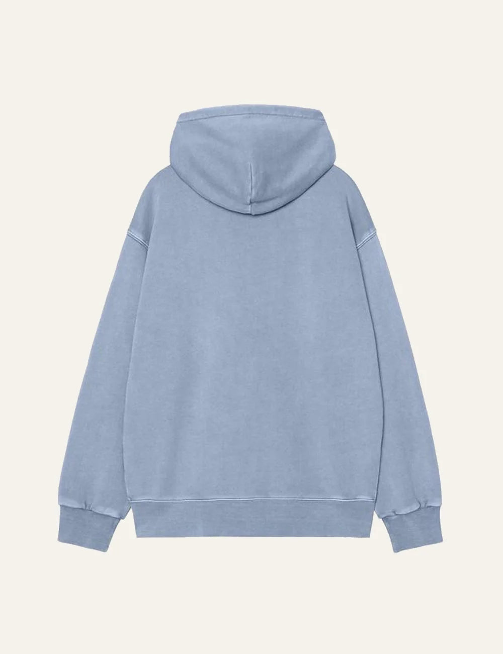 Carhartt WIP light blue zip hoodie with logo patch and kangaroo pocket back flat view