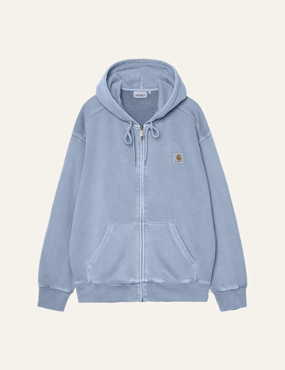 Carhartt WIP light blue zip hoodie with logo patch and kangaroo pocket front flat view
