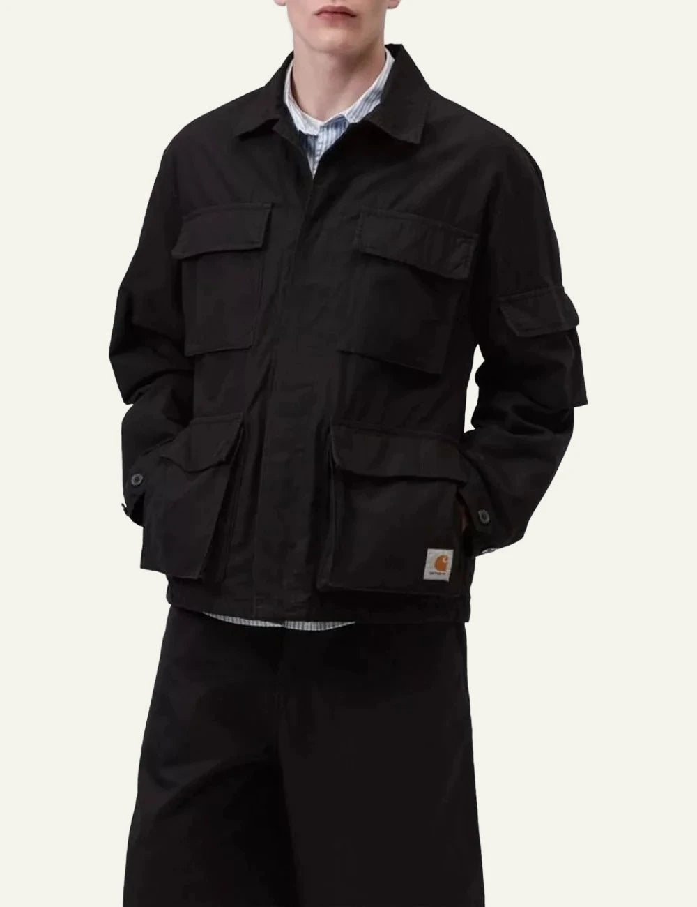 Carhartt WIP Manderson black utility jacket front model view
