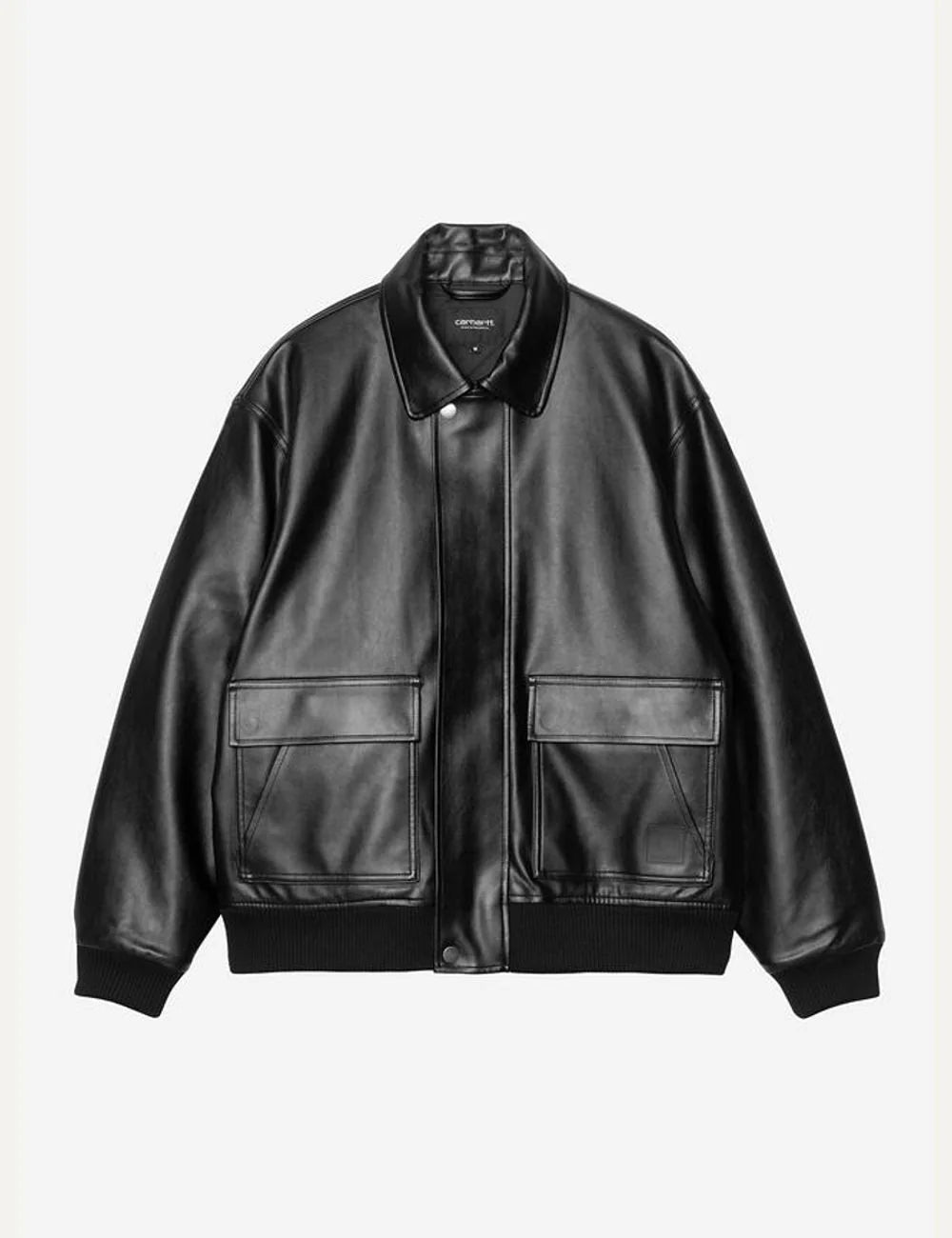 Carhartt WIP men Arizona black faux leather jacket with quilted lining, patch pockets and ribbed trims