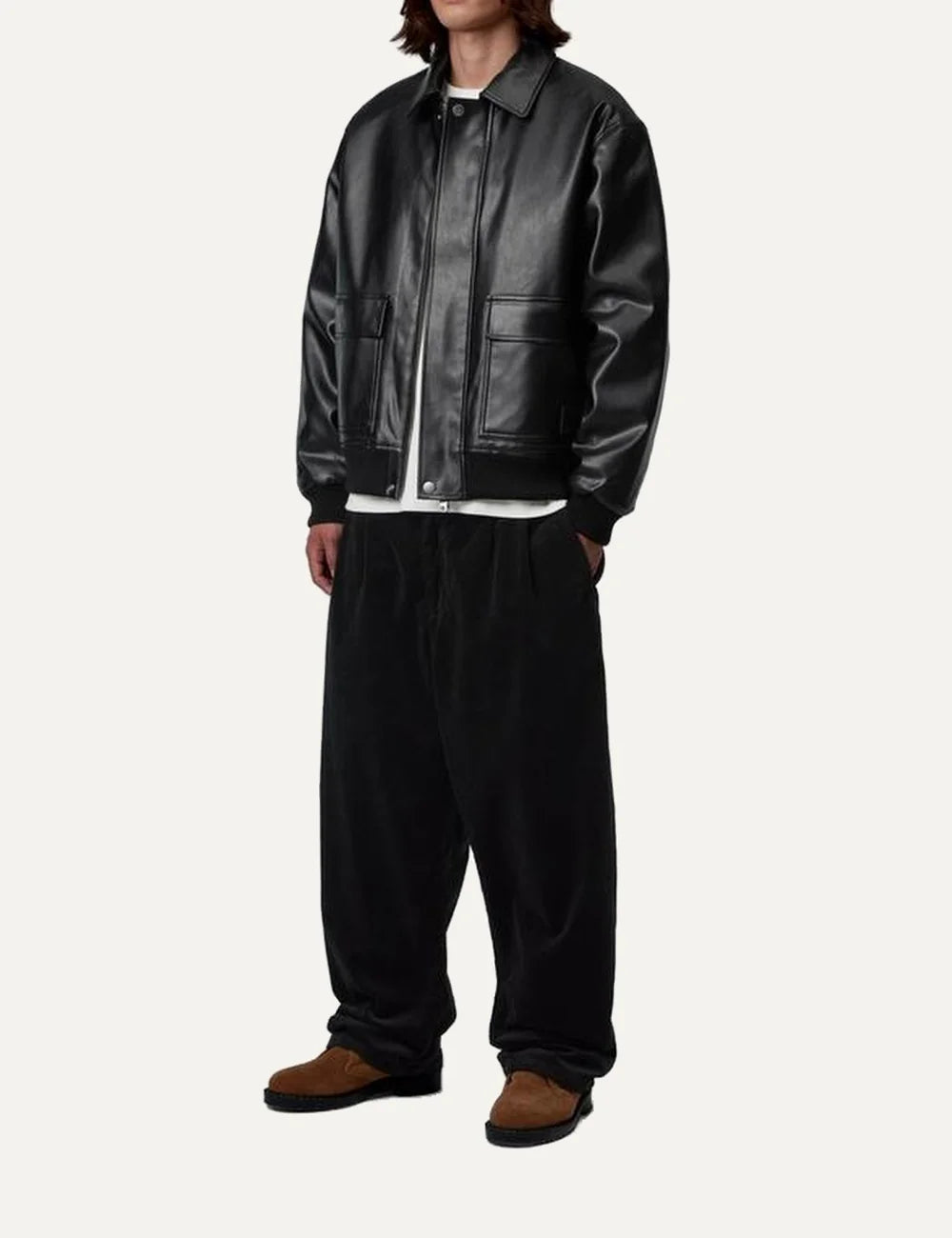 Carhartt WIP men Arizona black faux leather jacket with quilted lining, patch pockets and ribbed trims full body