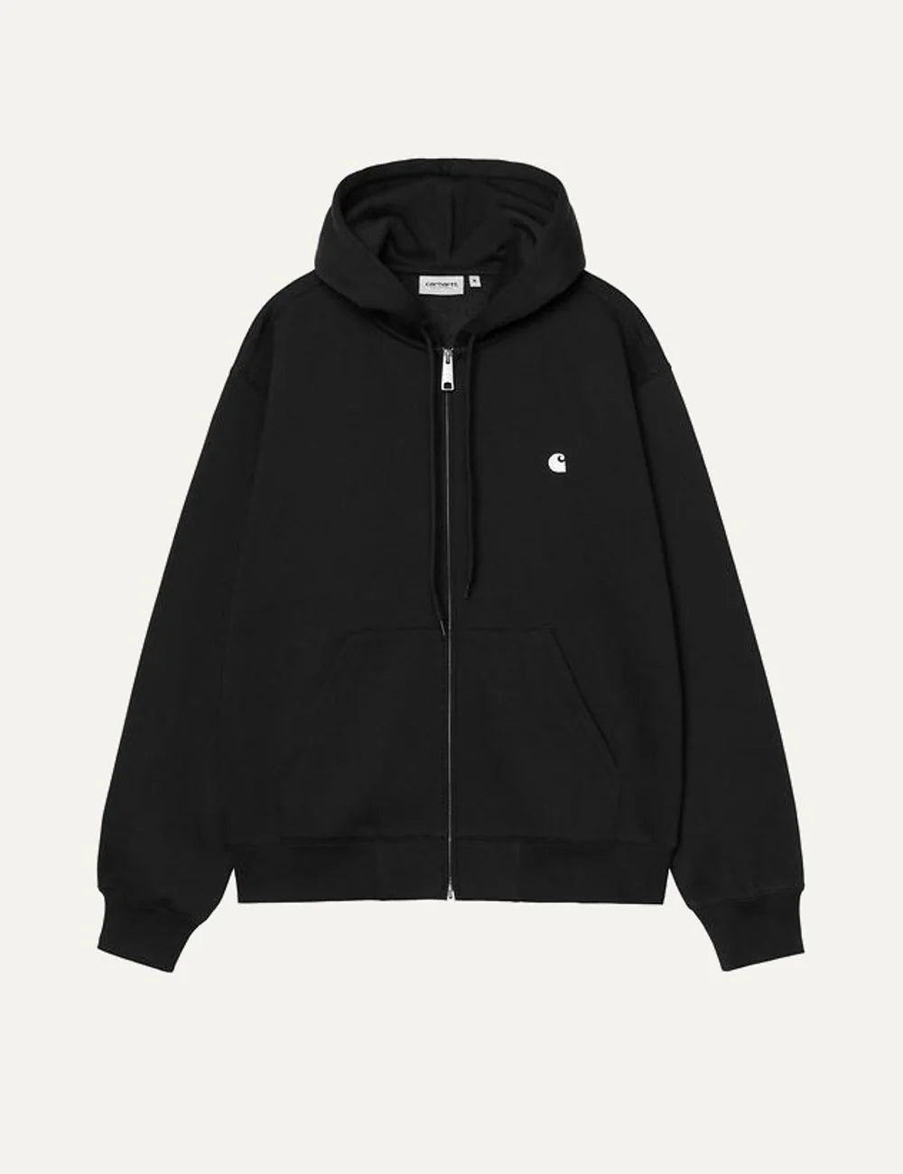 Carhartt WIP men Hooded Mack black zip-up sweatshirt with adjustable hood, kangaroo pocket and embroidered C logo