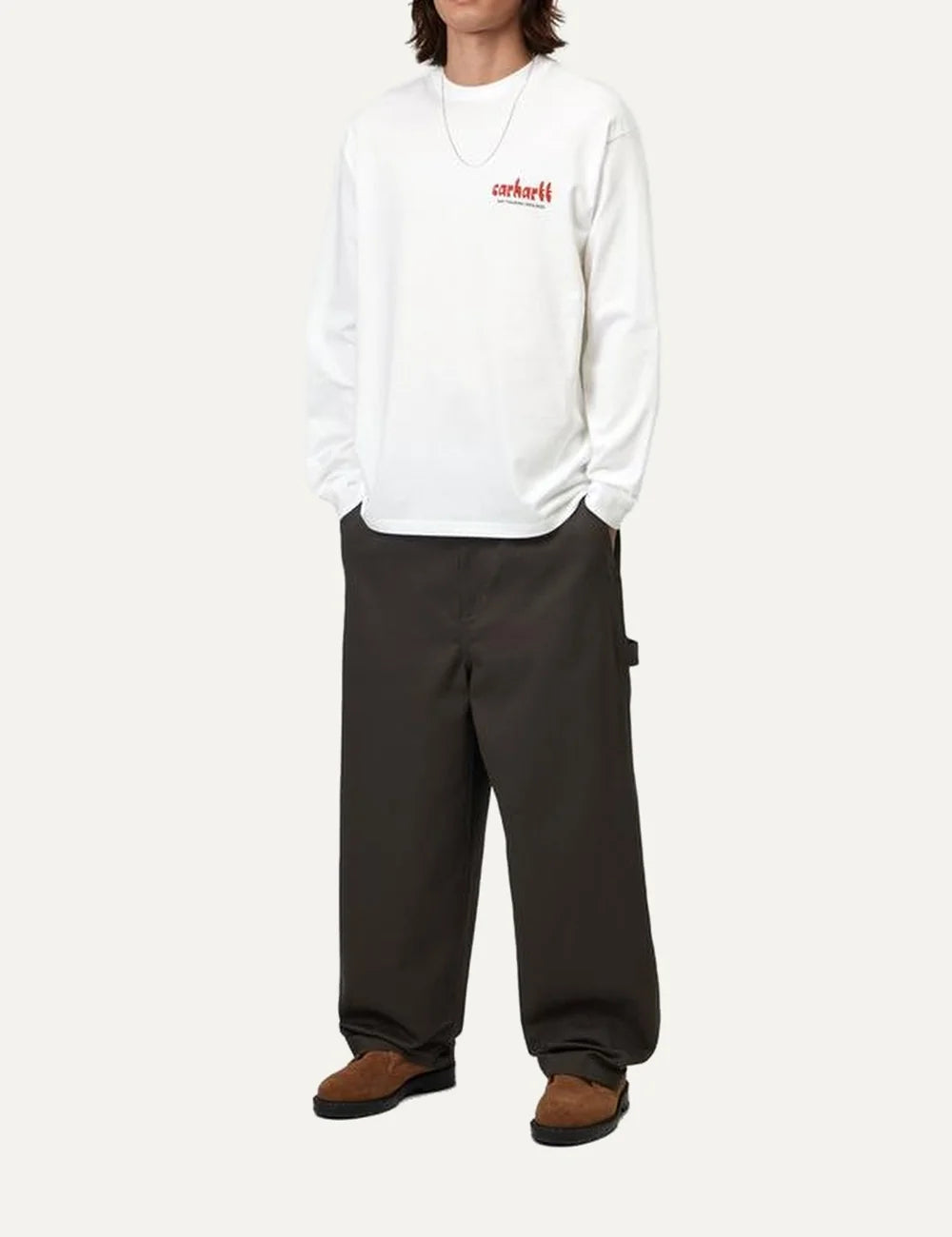Carhartt WIP men L/S Framework white organic cotton long sleeve T-shirt with graphic prints full body