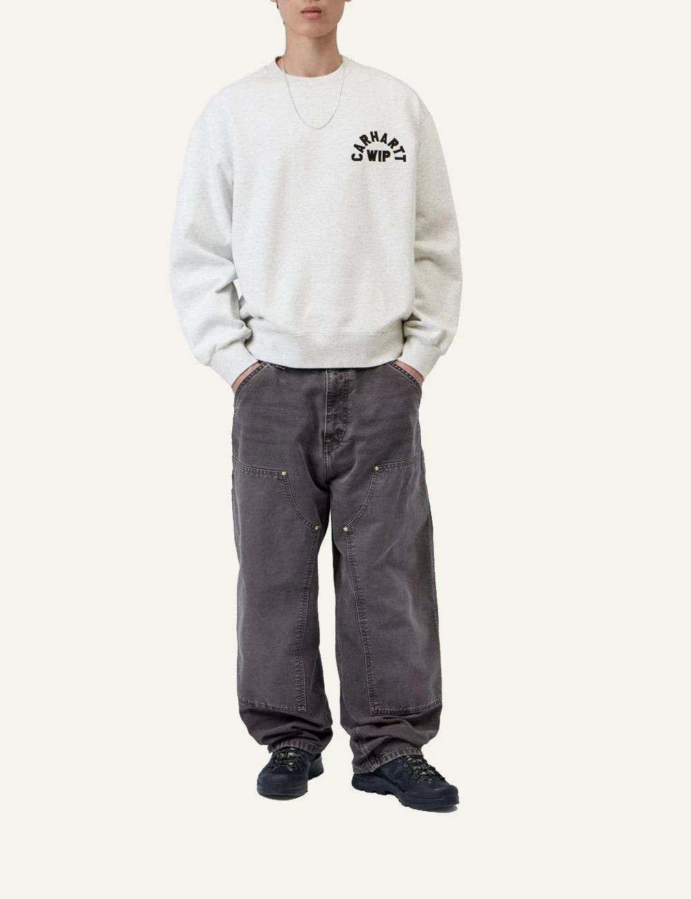 Men's Carhartt WIP Arch Script Sweatshirt in light grey melange with black embroidered logo full body
