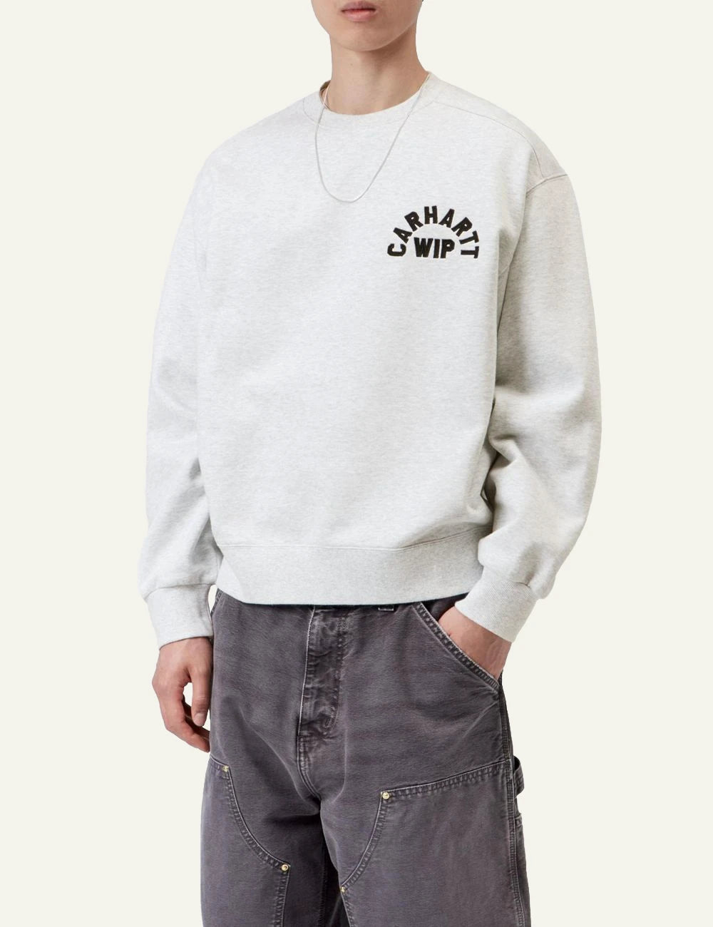Men's Carhartt WIP Arch Script Sweatshirt in light grey melange with black embroidered logo model