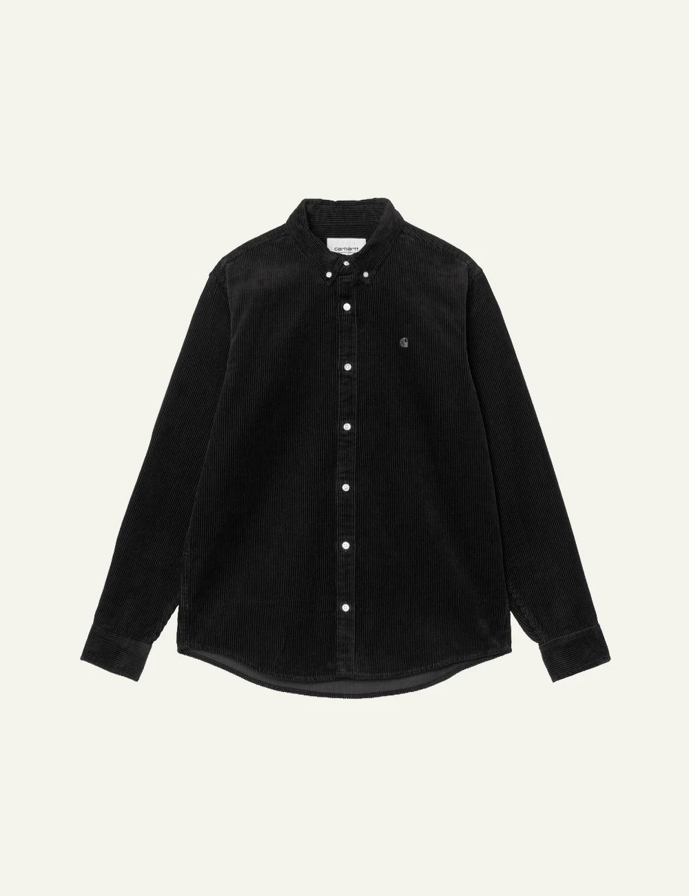 Men's Carhartt WIP black cotton corduroy long sleeve shirt with embroidered C logo