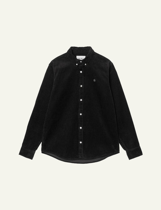 Men's Carhartt WIP black cotton corduroy long sleeve shirt with embroidered C logo