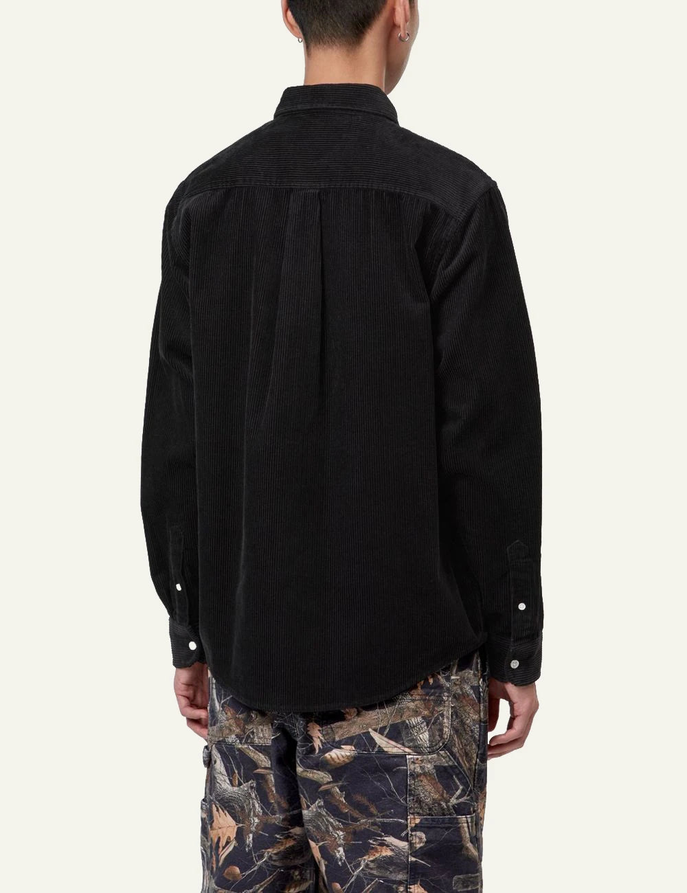 Men's Carhartt WIP black cotton corduroy long sleeve shirt with embroidered C logo back