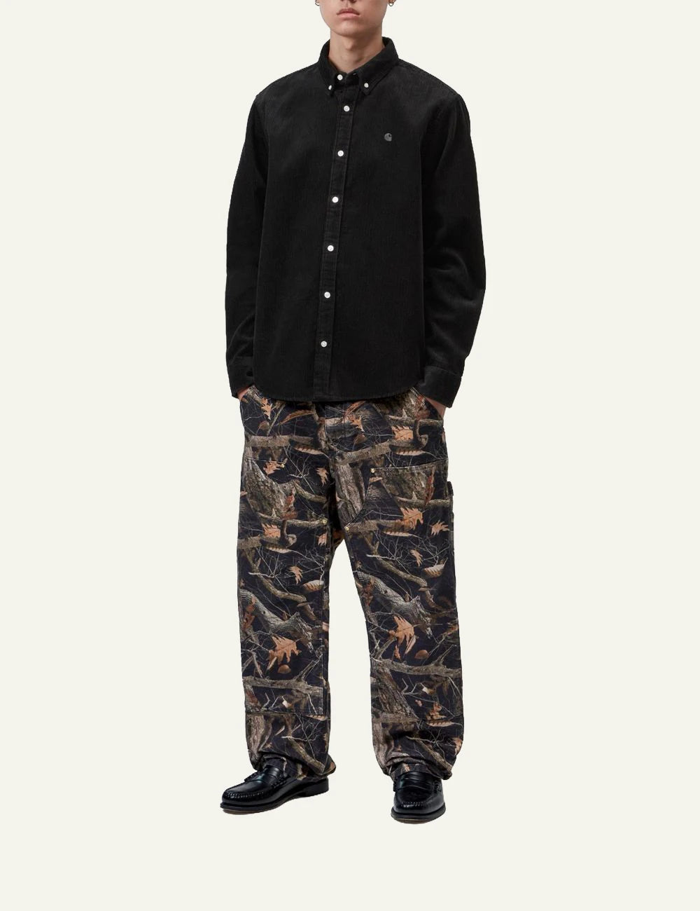 Men's Carhartt WIP black cotton corduroy long sleeve shirt with embroidered C logo full body