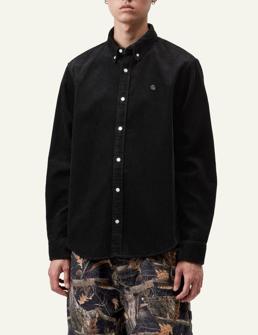Men's Carhartt WIP black cotton corduroy long sleeve shirt with embroidered C logo full body