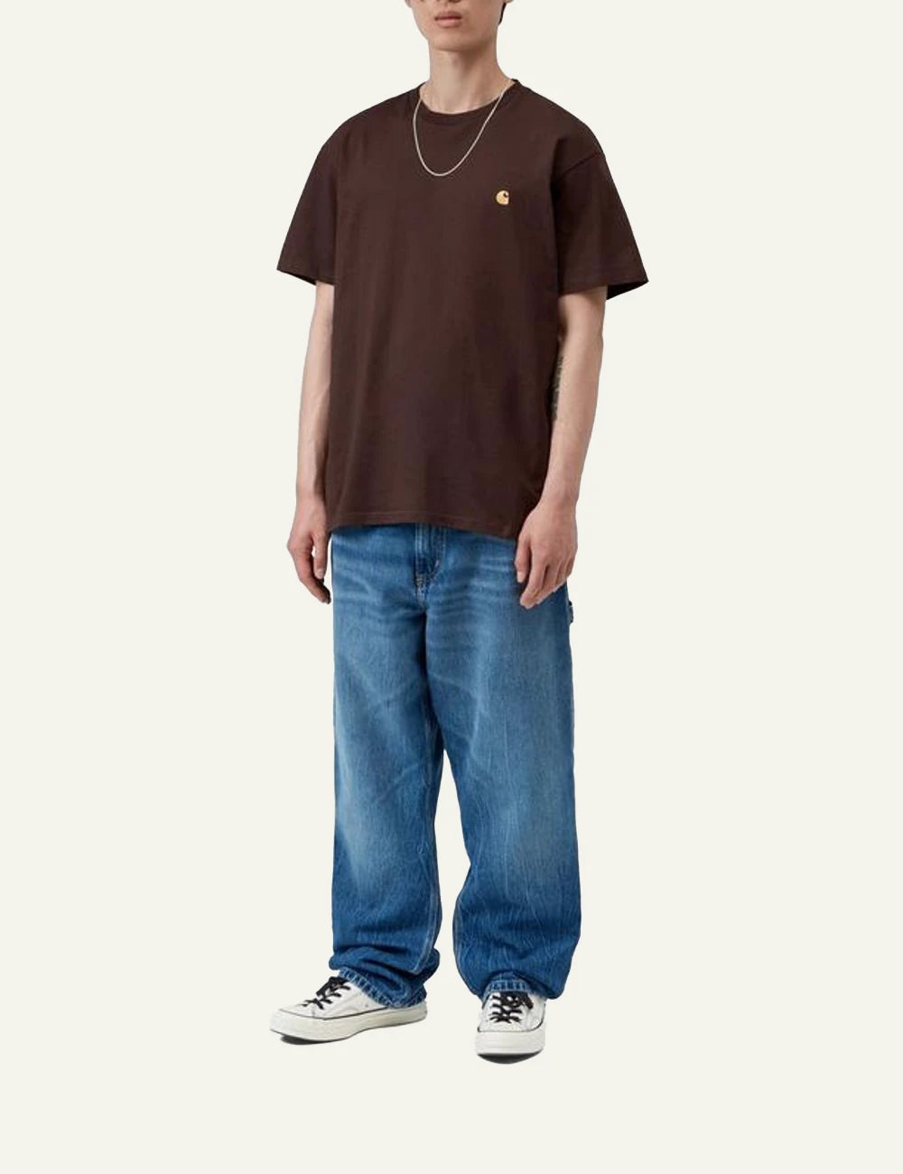 Men's Carhartt WIP brown crewneck T-shirt with embroidered C logo full body