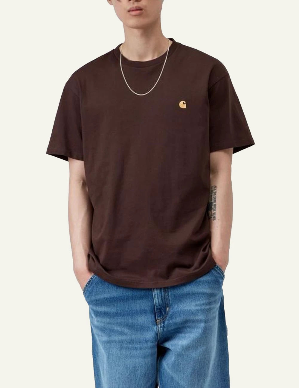 Men's Carhartt WIP brown crewneck T-shirt with embroidered C logo model
