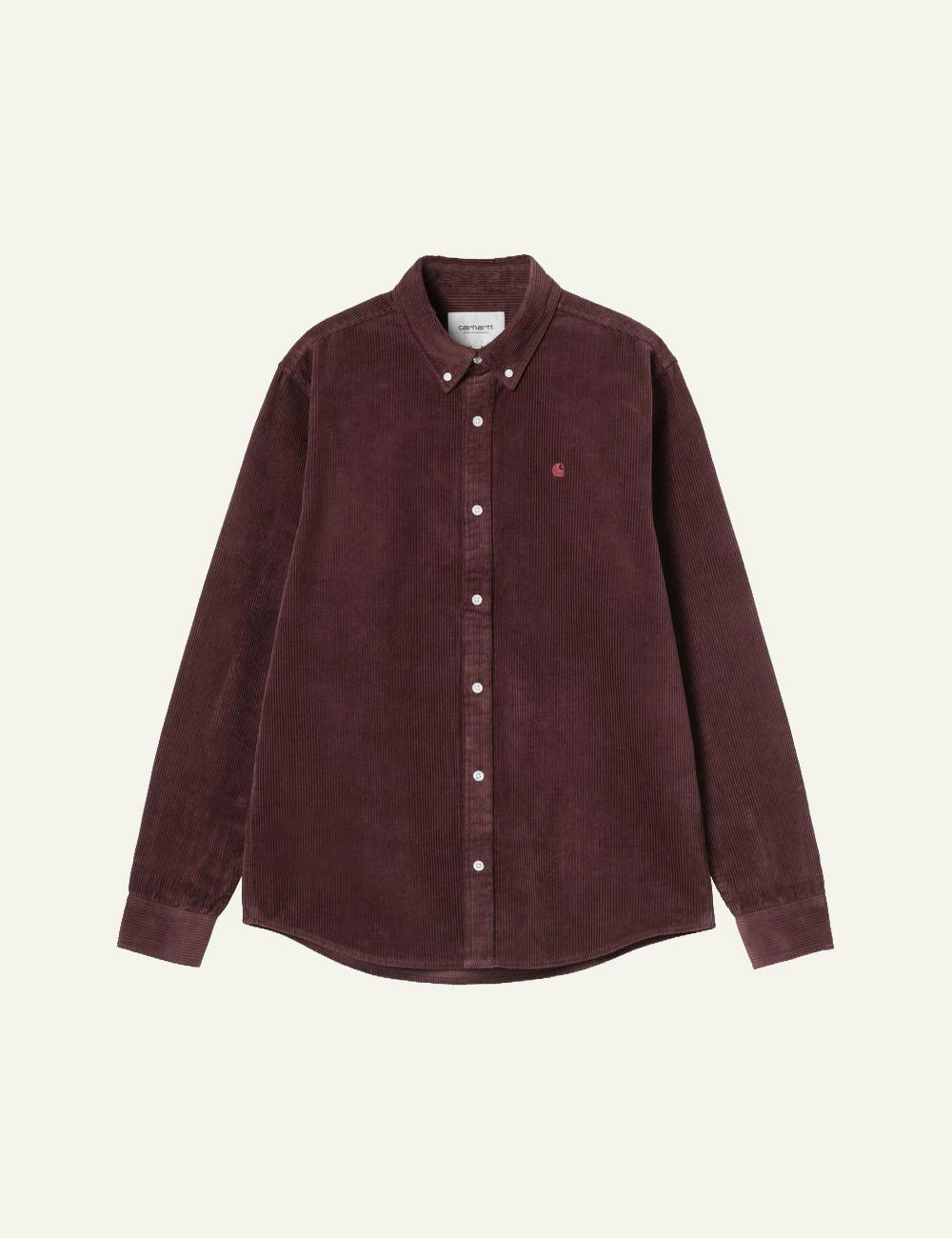 Men's Carhartt WIP burgundy cotton corduroy long sleeve shirt with embroidered C logo
