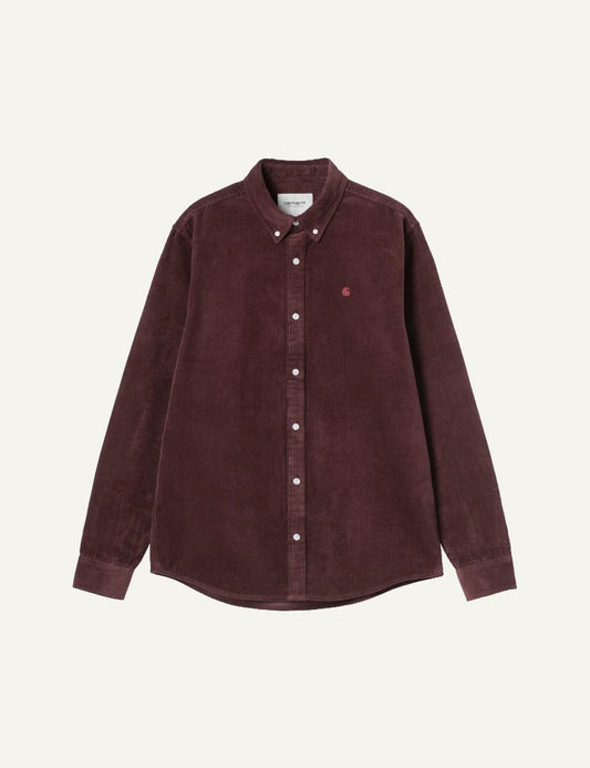Men's Carhartt WIP burgundy cotton corduroy long sleeve shirt with embroidered C logo