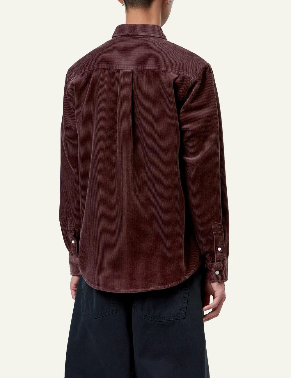 Men's Carhartt WIP burgundy cotton corduroy long sleeve shirt with embroidered C logo back