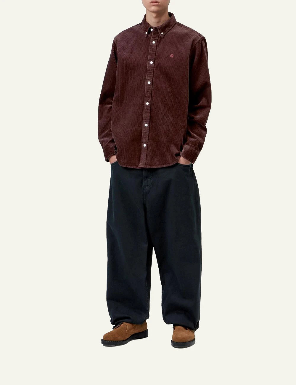 Men's Carhartt WIP burgundy cotton corduroy long sleeve shirt with embroidered C logo full body