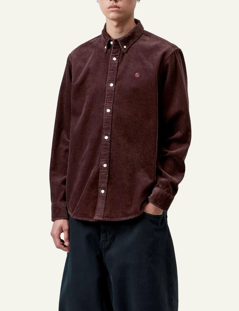 Men's Carhartt WIP burgundy cotton corduroy long sleeve shirt with embroidered C logo model