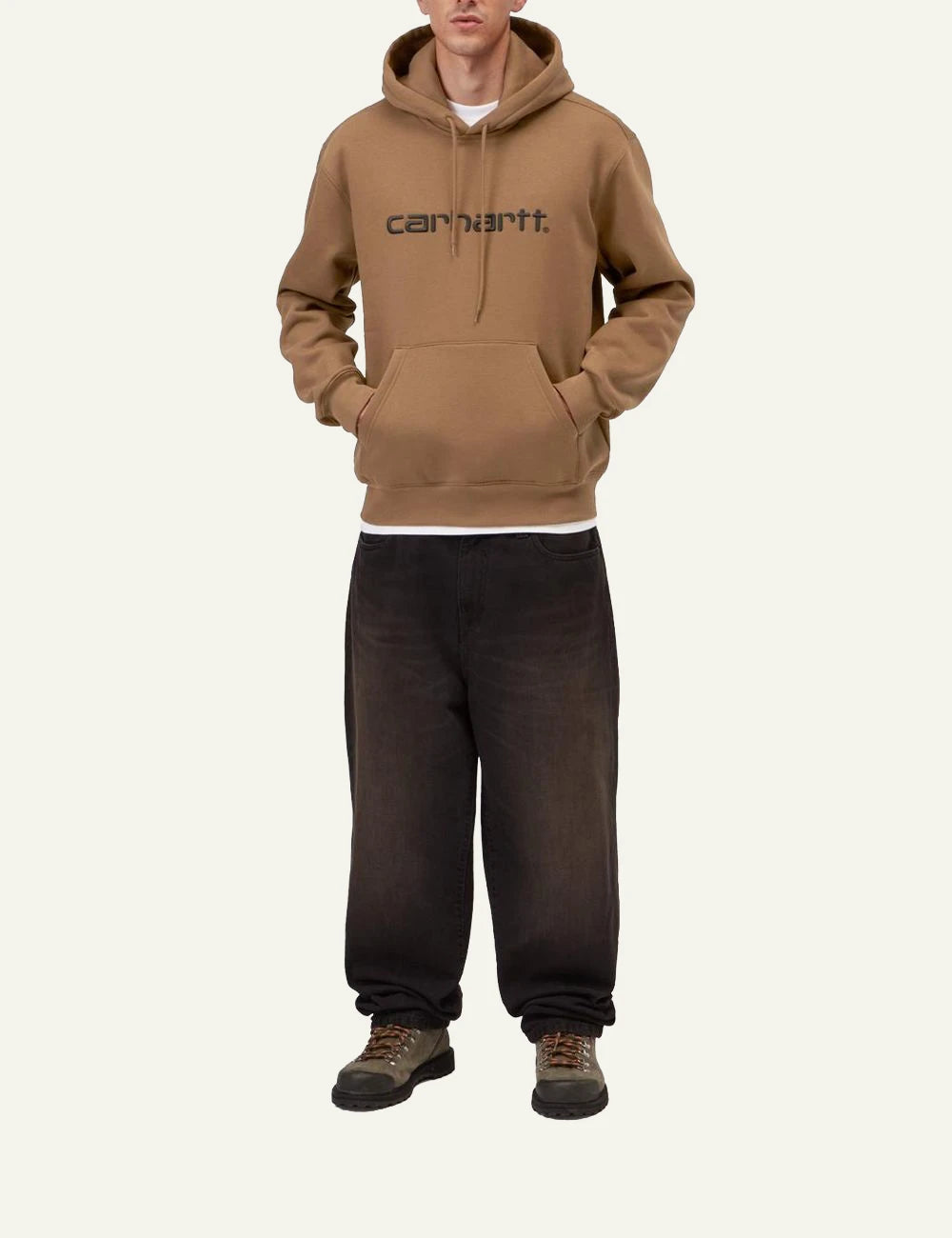 Men's Carhartt WIP camel hooded sweatshirt with embroidered script logo full body