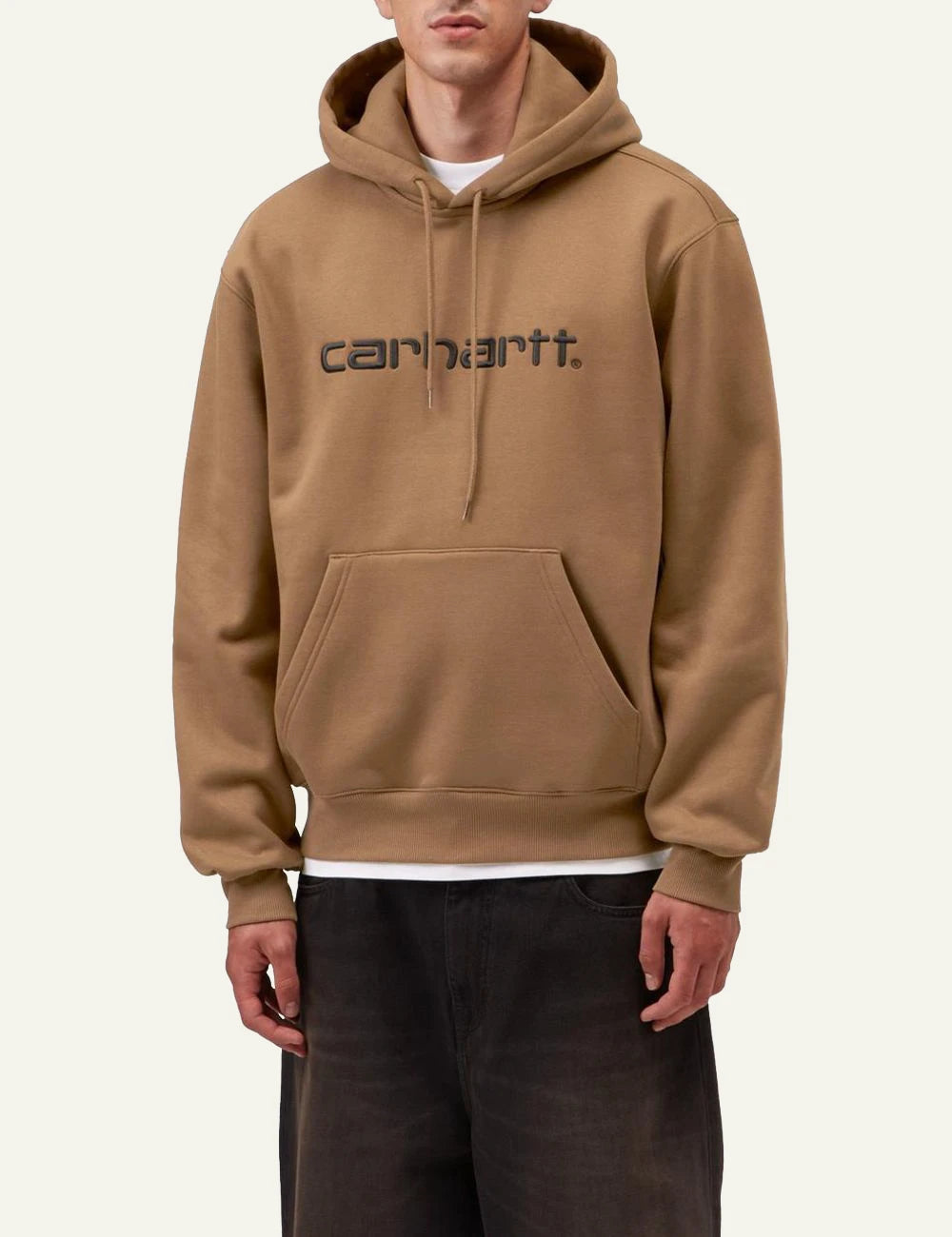 Men's Carhartt WIP camel hooded sweatshirt with embroidered script logo model