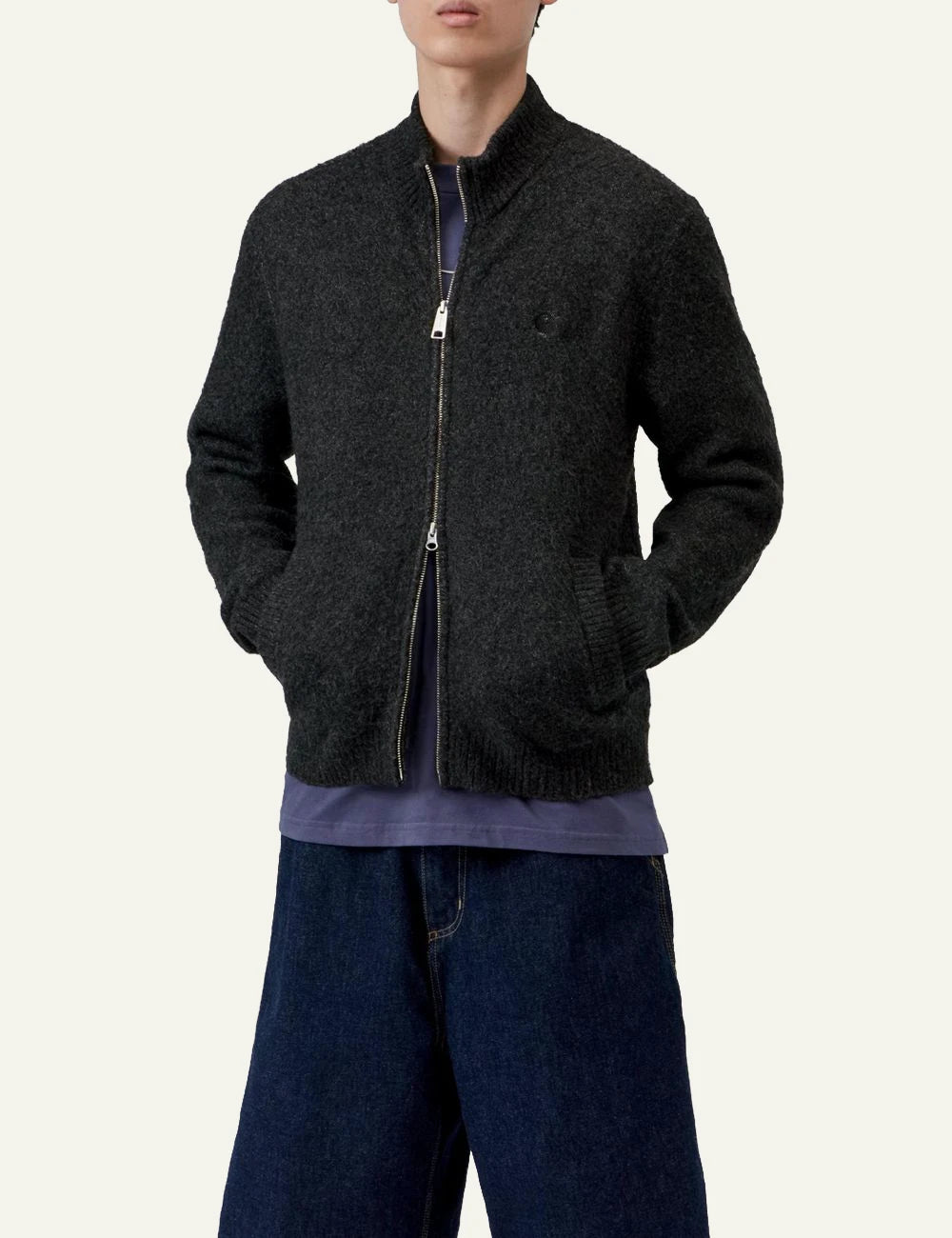 Men's Carhartt WIP Curtis Sweater Jacket in dark charcoal with zip fastening model