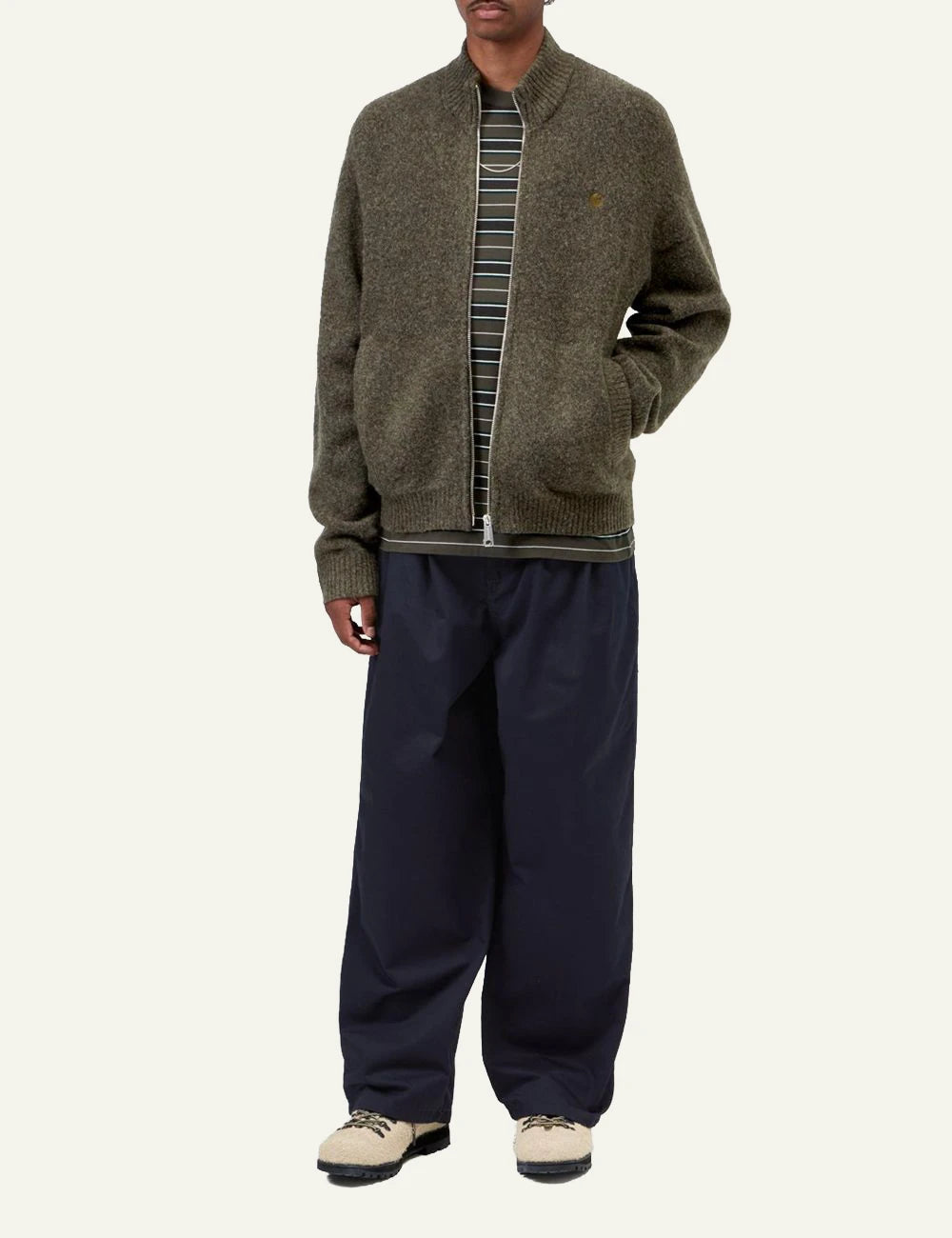 Men's Carhartt WIP Curtis Sweater Jacket in khaki with zip fastening full body