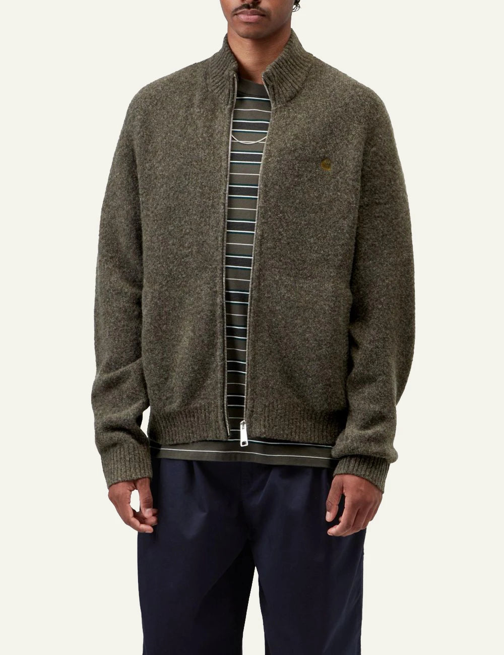Men's Carhartt WIP Curtis Sweater Jacket in khaki with zip fastening model