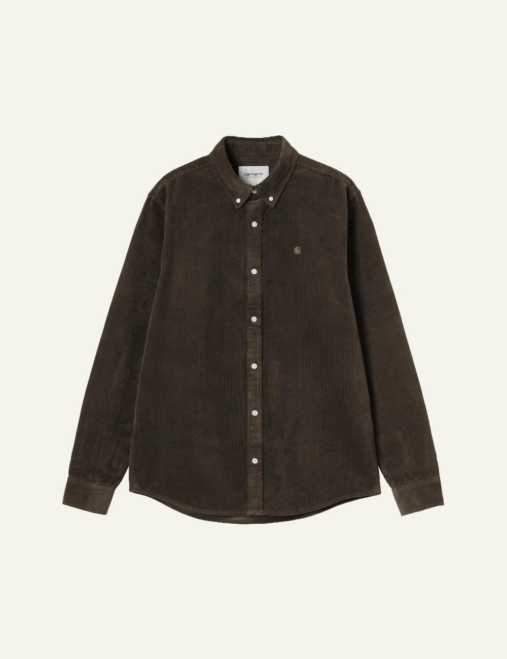 Men's Carhartt WIP dark brown corduroy long sleeve shirt with embroidered C logo