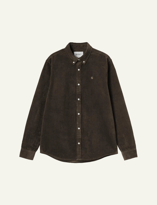 Men's Carhartt WIP dark brown corduroy long sleeve shirt with embroidered C logo