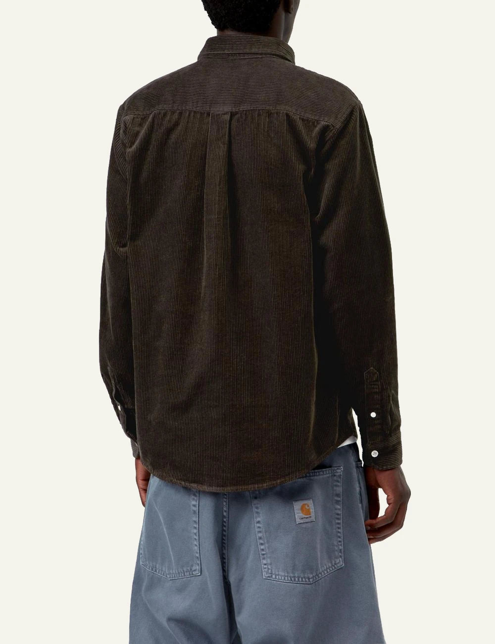 Men's Carhartt WIP dark brown corduroy long sleeve shirt with embroidered C logo back
