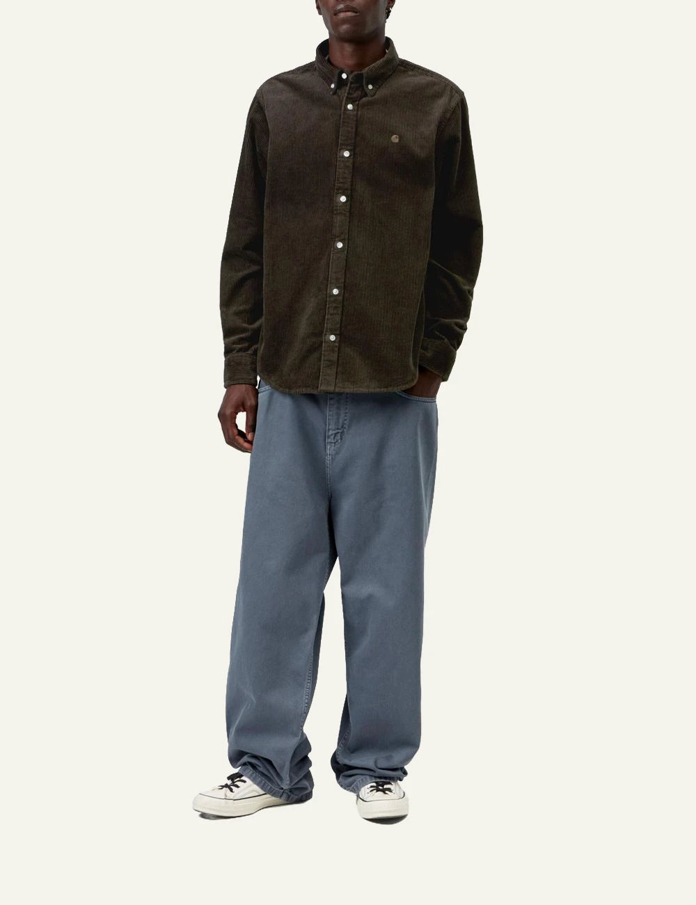 Men's Carhartt WIP dark brown corduroy long sleeve shirt with embroidered C logo full body
