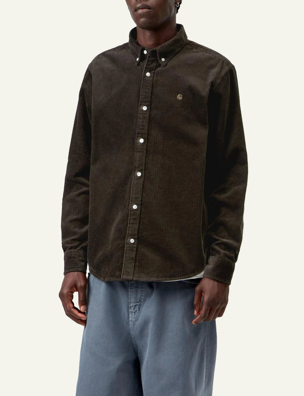 Men's Carhartt WIP dark brown corduroy long sleeve shirt with embroidered C logo model