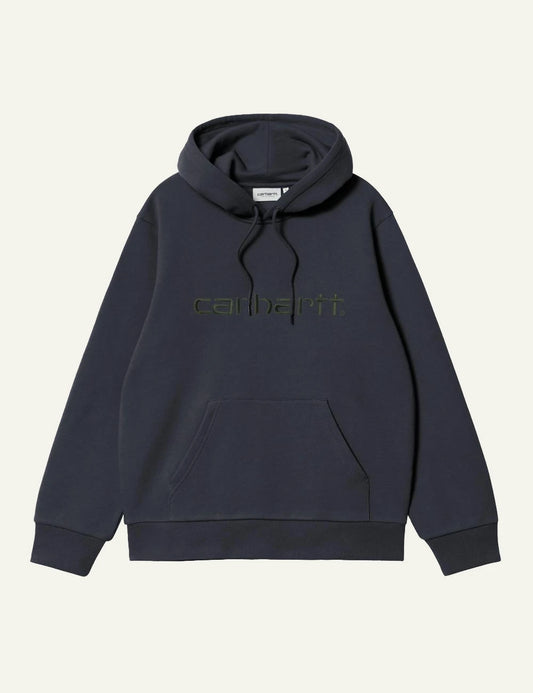 Men's Carhartt WIP dark grey hooded sweatshirt with embroidered script logo