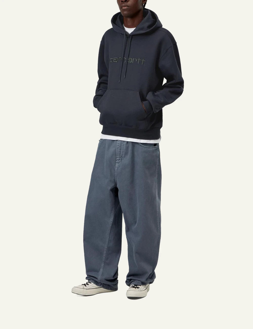 Men's Carhartt WIP dark grey hooded sweatshirt with embroidered script logo full body