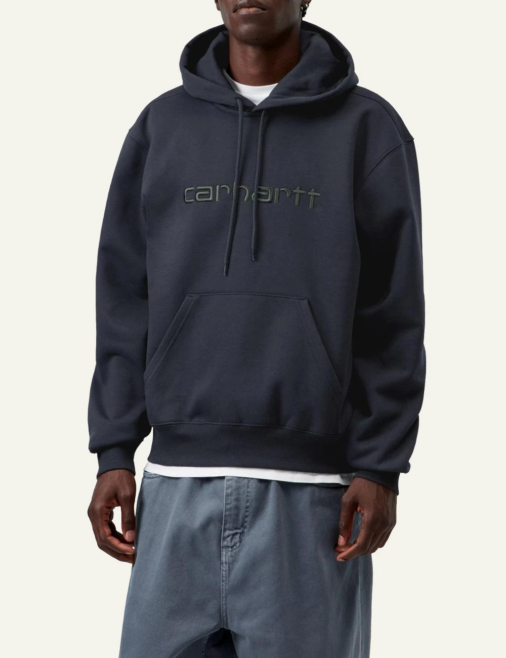 Men's Carhartt WIP dark grey hooded sweatshirt with embroidered script logo model