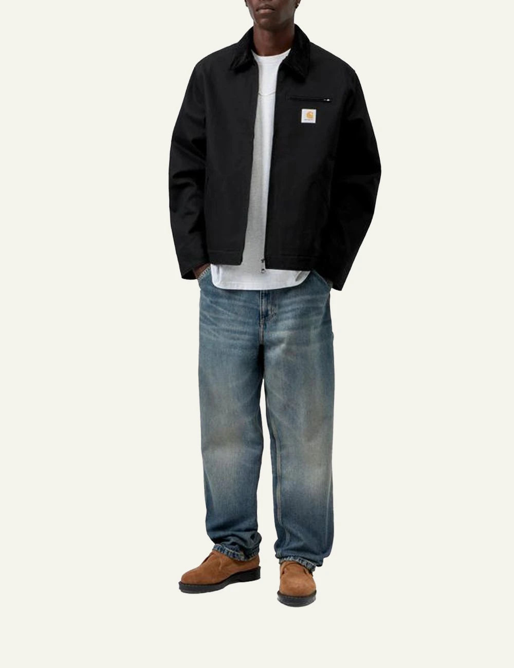 Men's Carhartt WIP Detroit black canvas jacket with corduroy collar full body