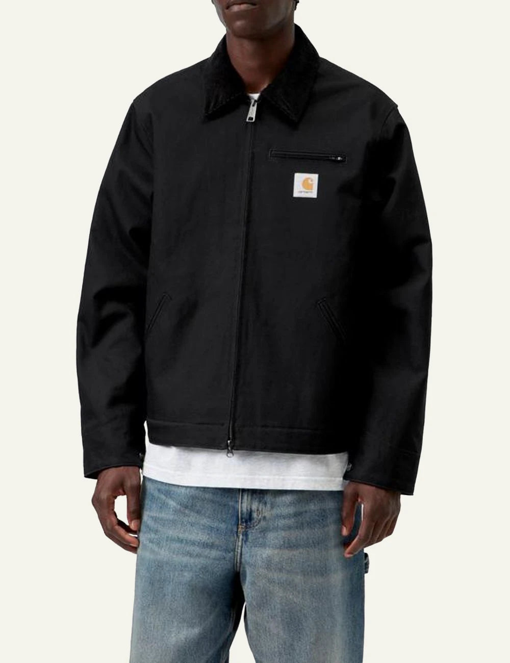 Men's Carhartt WIP Detroit black canvas jacket with corduroy collar model
