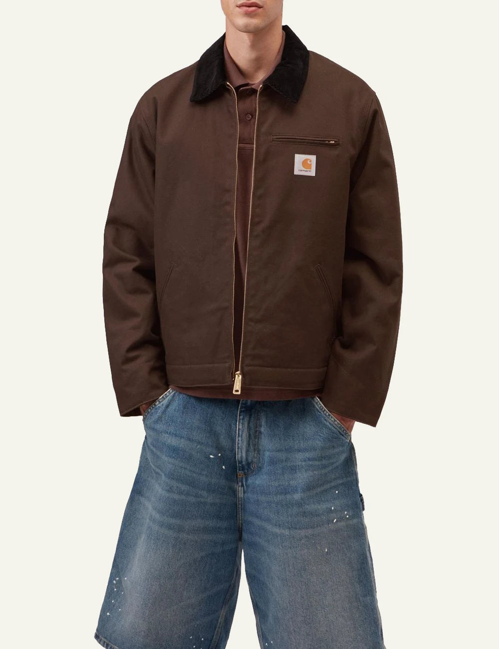 Men's Carhartt WIP Detroit Jacket in brown Dearborn Canvas with black corduroy collarmodel