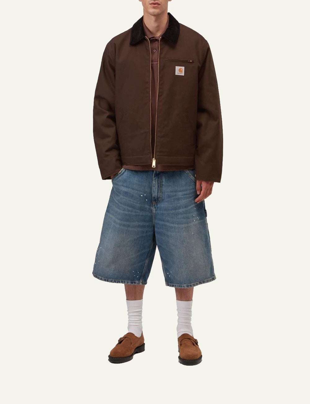 Men's Carhartt WIP Detroit Jacket in brown Dearborn Canvas with black corduroy collar full body