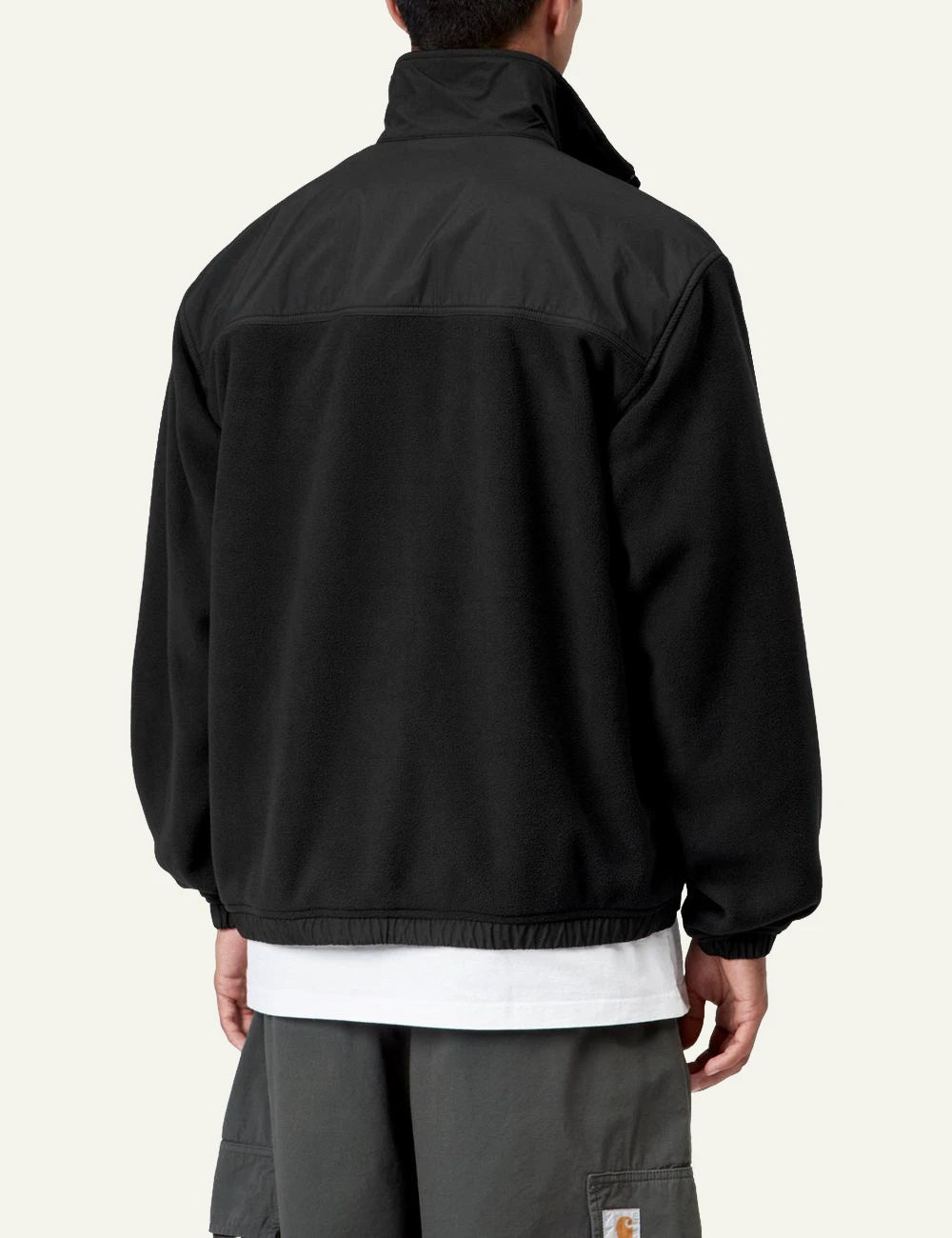 Men's Carhartt WIP Edmore Jacket in black fleece with zip pockets and embroidered logo back