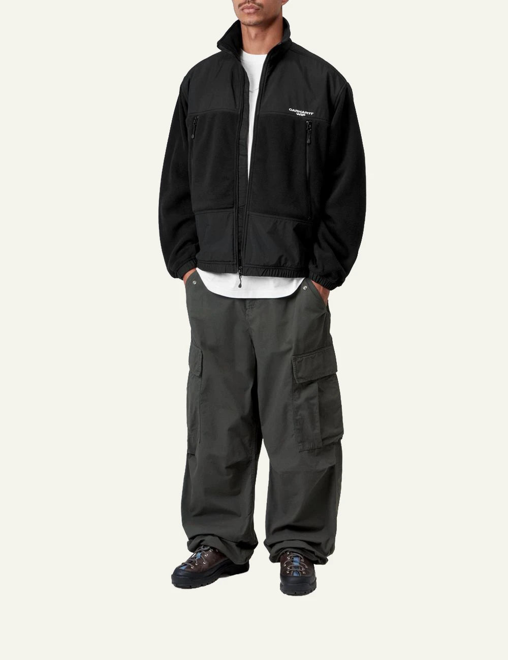 Men's Carhartt WIP Edmore Jacket in black fleece with zip pockets and embroidered logo full body