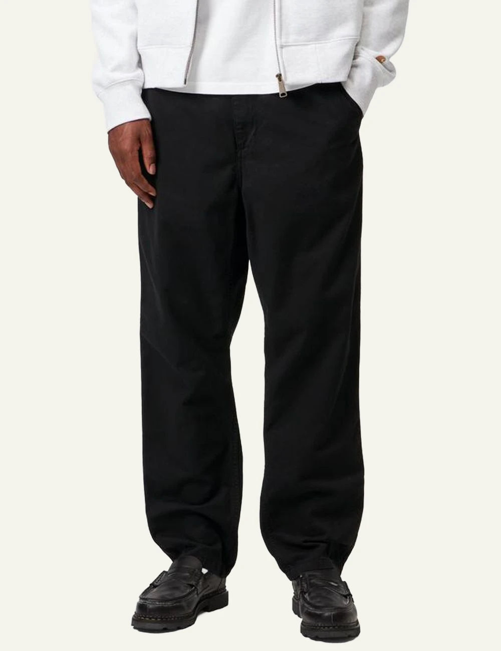 Men's Carhartt WIP Flint pants in black organic cotton twill model