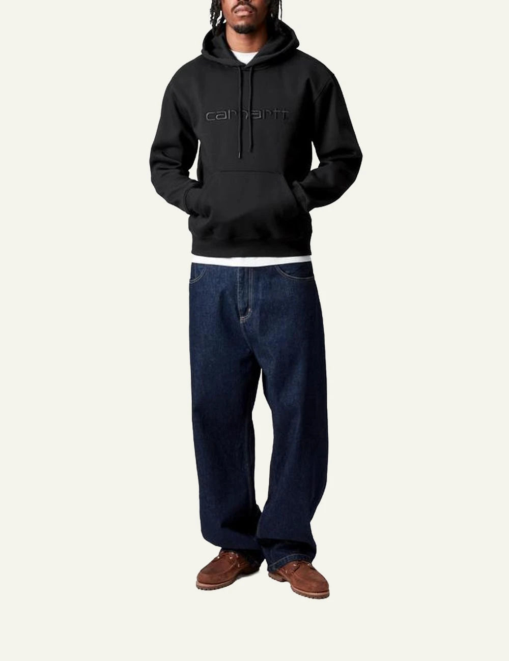 Men's Carhartt WIP Hooded Carhartt Sweatshirt in black with embroidered logo full body