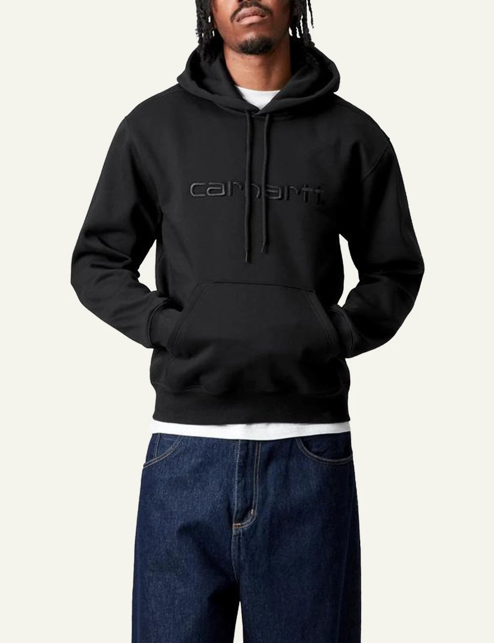 Men's Carhartt WIP Hooded Carhartt Sweatshirt in black with embroidered logo model