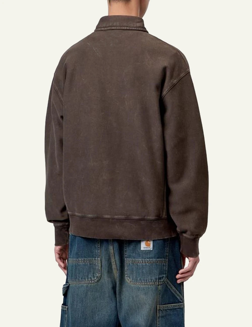 Men's Carhartt WIP Lambert Polo Sweatshirt in brown with moon wash finish and tonal logo back