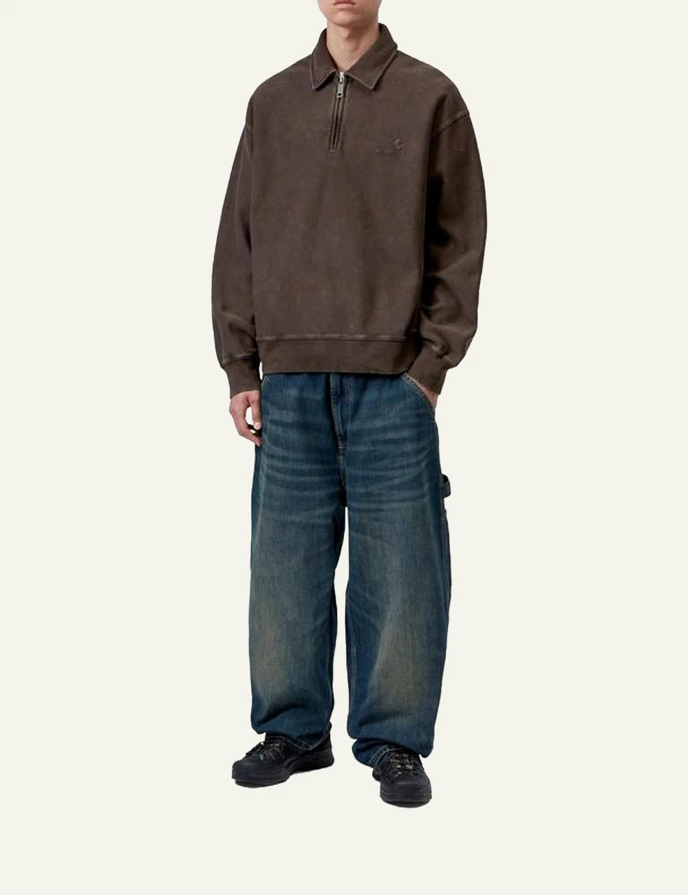 Men's Carhartt WIP Lambert Polo Sweatshirt in brown with moon wash finish and tonal logo full body