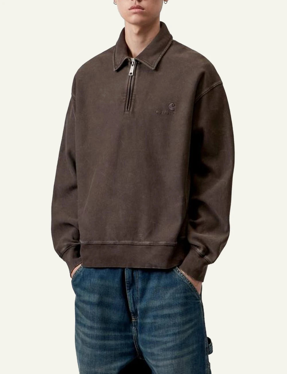 Men's Carhartt WIP Lambert Polo Sweatshirt in brown with moon wash finish and tonal logo model