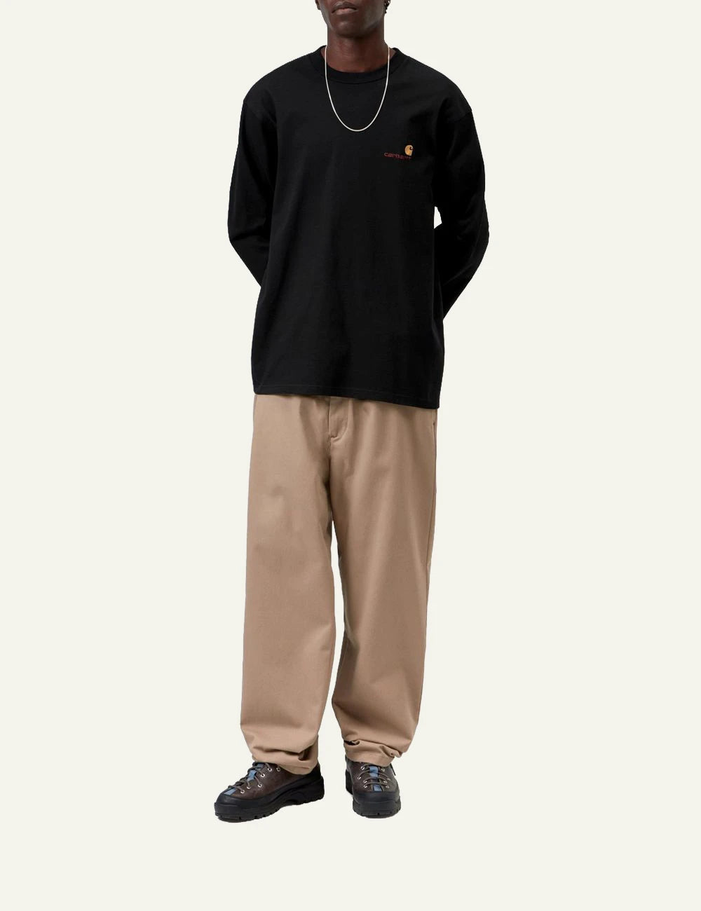 Men's Carhartt WIP L/S American Script T-Shirt in black with embroidered logo full body