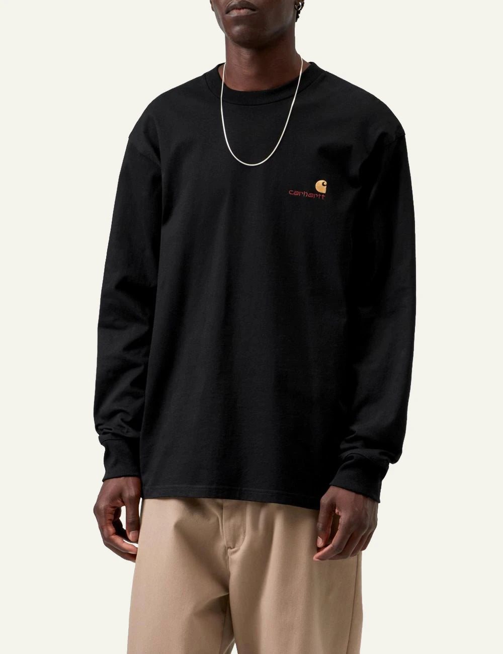Men's Carhartt WIP L/S American Script T-Shirt in black with embroidered logo model