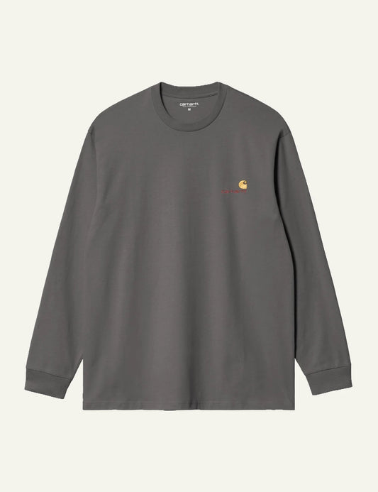 Men's Carhartt WIP L/S American Script T-Shirt in dark grey with embroidered logo